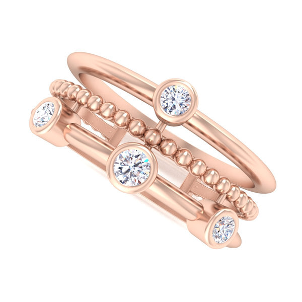 14 Karat Gold Diamond Three Row Layered Ring - DAKO Jewelry Designs